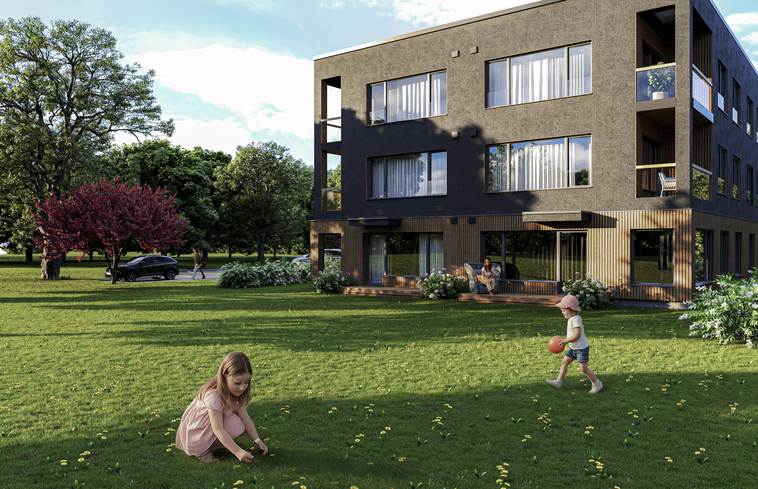 Rõõmu kodud kortermaja välisvaade hoovis